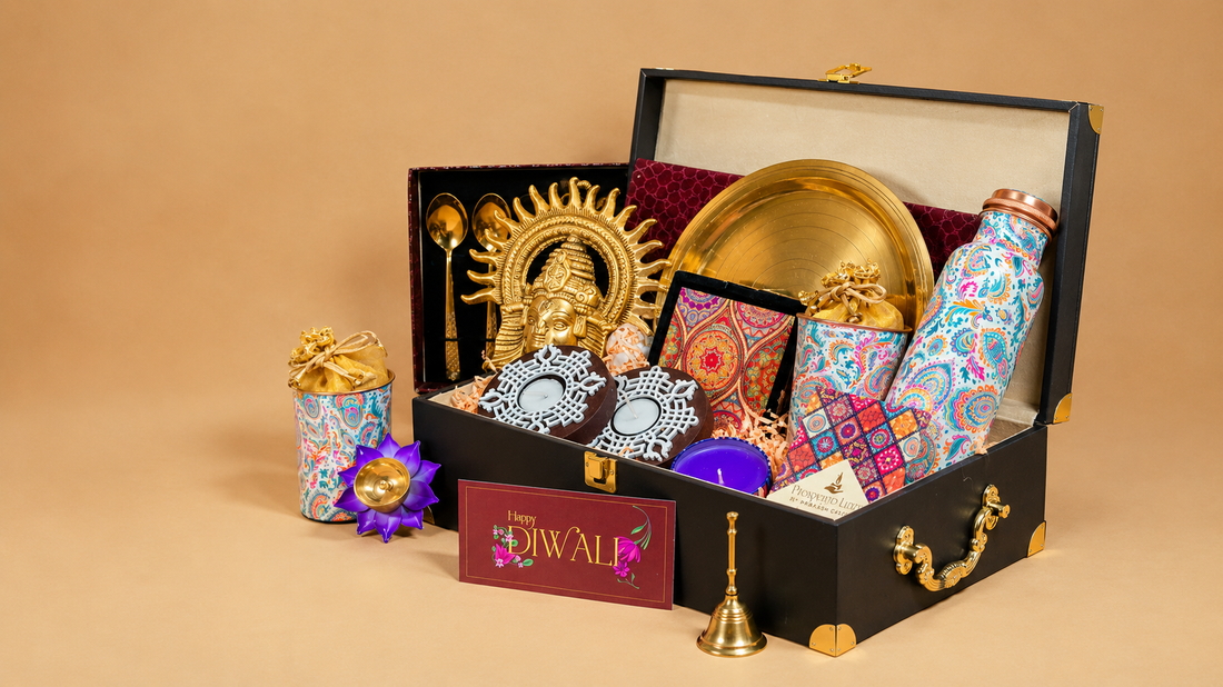Premium Diwali gift hamper 2026 with reed diffuser, tealight holders, roasted almonds and festive potli pouch
