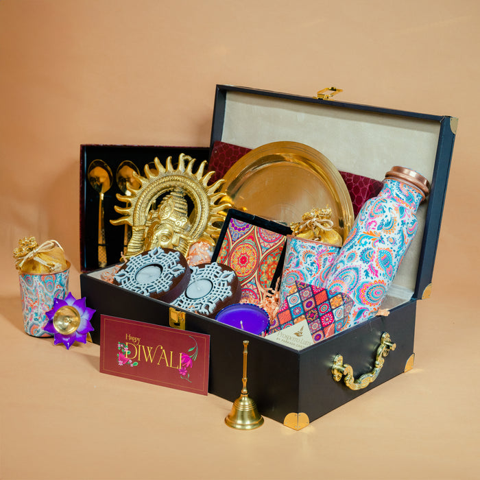 Printed keepsake Diwali gift box tied with a gold bow for employees and partners, by Demould Delhi