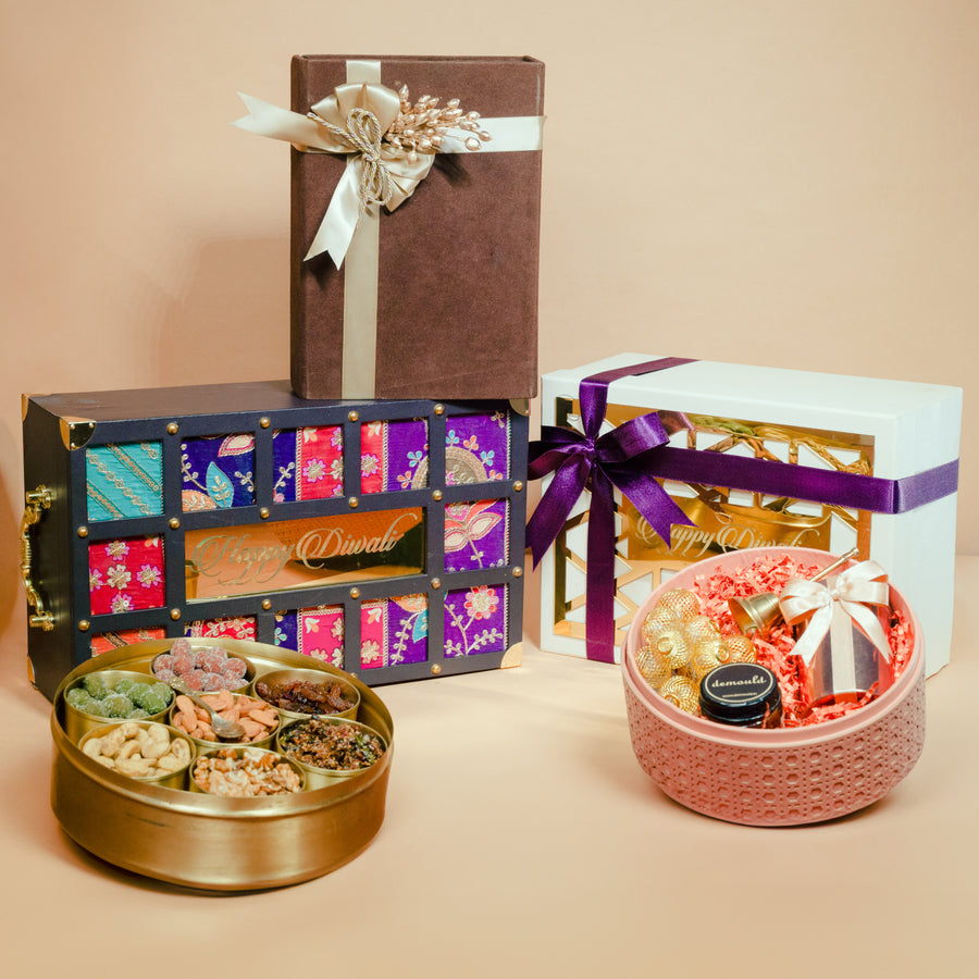 Diwali hamper collection with patola trunk, mithai tin and festive gift boxes, by Demould Delhi