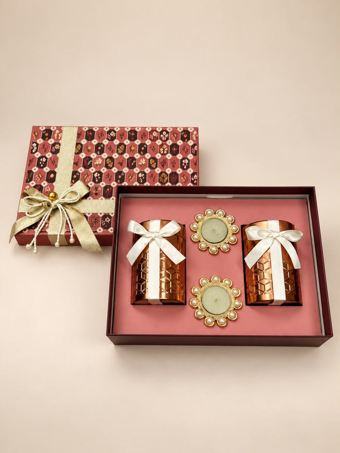 Copper tumbler and tealight diya Diwali gift box for employees and partners, by Demould Delhi
